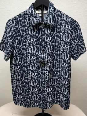 Notations Navy and White Leopard Print Button-Down Shirt